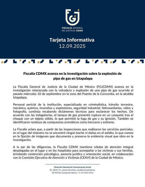 Fiscalía revela razón de la explosión de pipa / X: Fiscalía CDMX