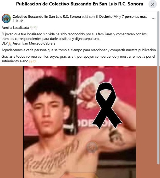 Publicación que confirmó la muerte de Jesús Iván Mercado Cabrera (Facebook)