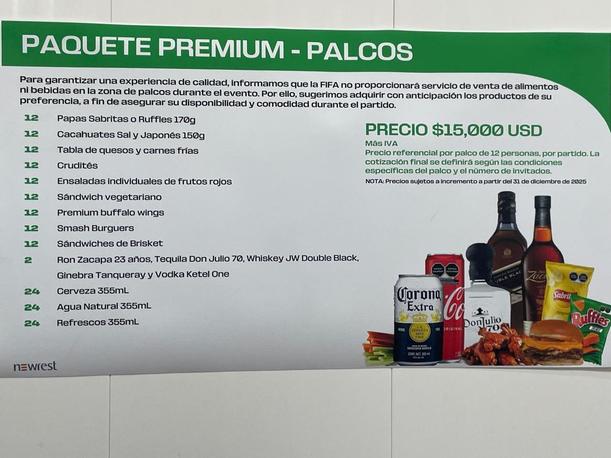 Paquete de alimentos en palcos del Estadio Banorte para Mundial 2026 (Cortesía)