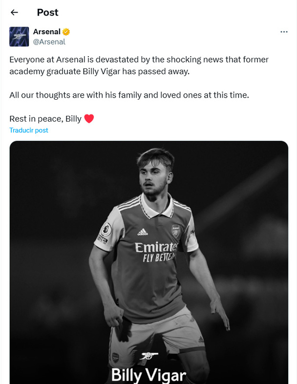 Arsenal despidió a su canterano en redes sociales.
