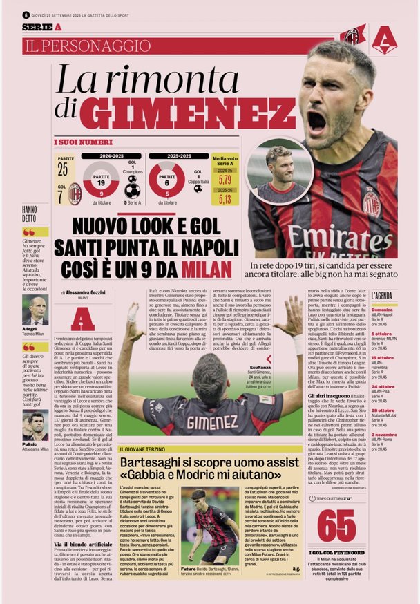 La Gazzetta dello Sport dedicó una publicación a Santiago Gimenez.