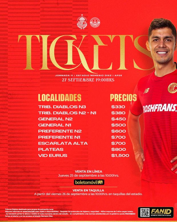 Estos son los precios de los boletos para el duelo entre Toluca y Mazatlan. Foto:@TolucaFC