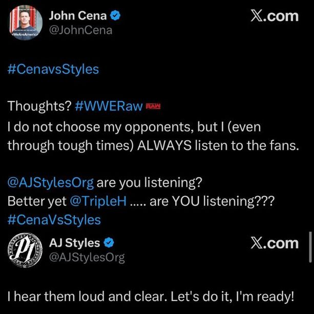 John Cena reto a AJ Styles a un ultimo combate mediante redes sociales. Foto: X @JohnCena y @AJStylesOrg