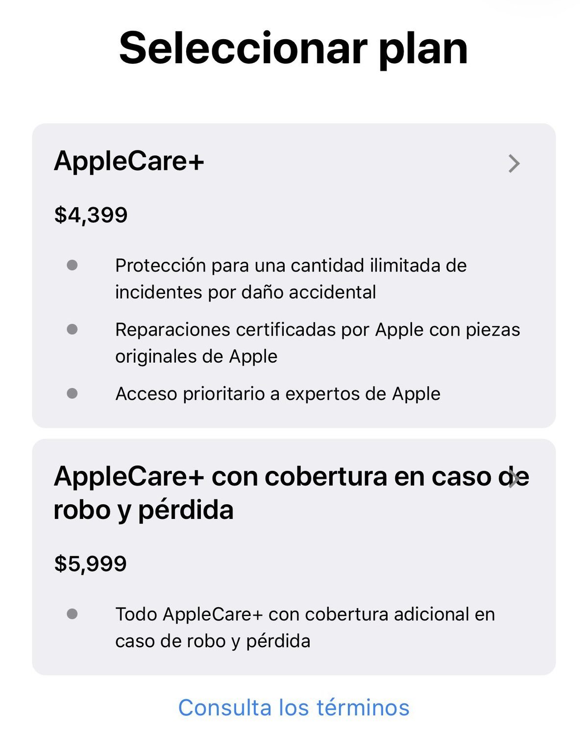 Estos son los precios de ambos planes de Apple Care en México. Foto: Captura de Pantalla