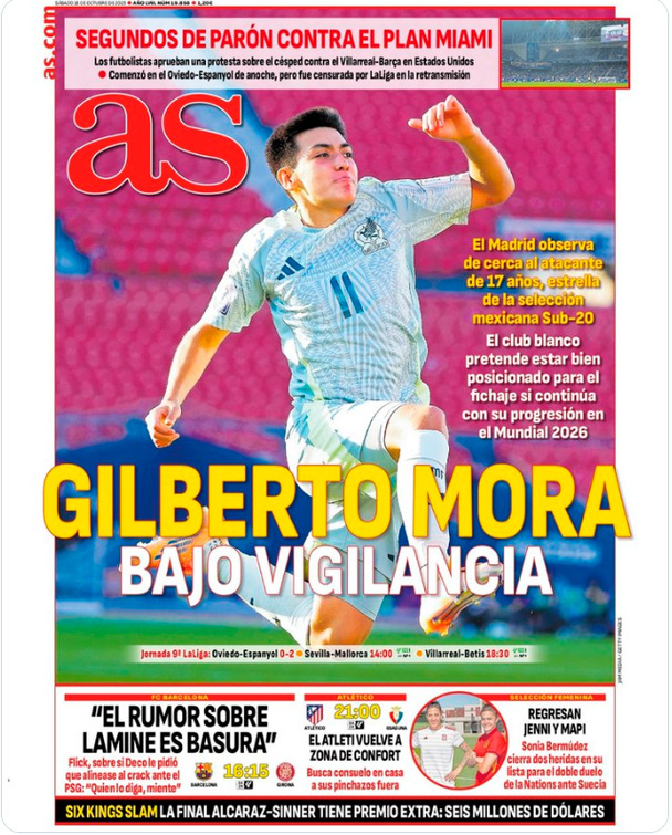 El diario español AS dedicó su portada a Gilberto Mora.