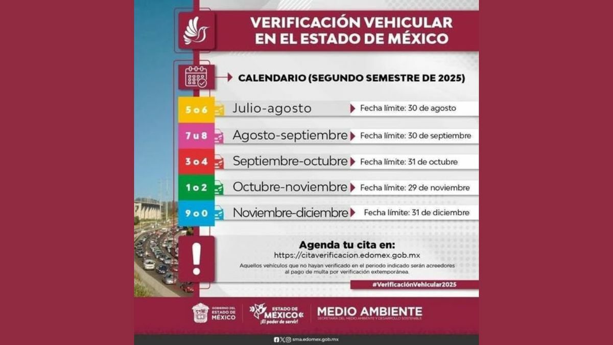 Calendario de verificación vehicular del segundo semestre de 2025 (FOTO: @Edomex)