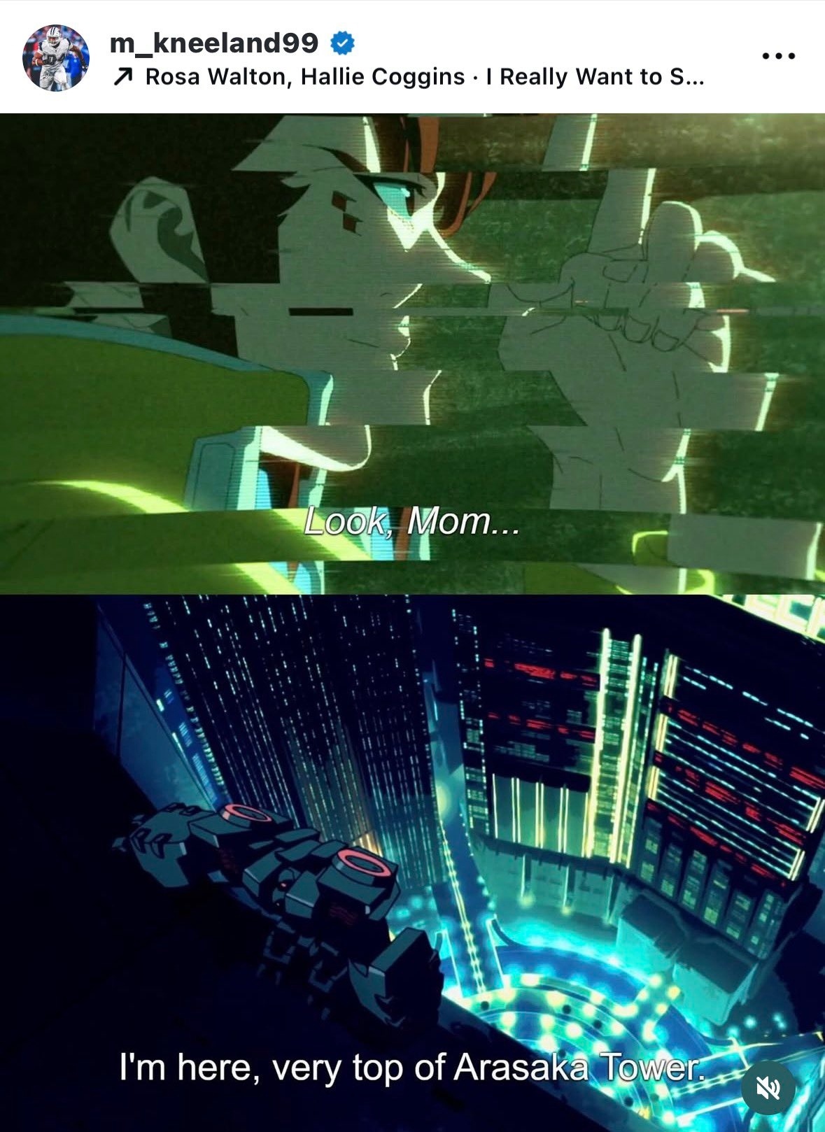 Kneeland referenció el final de Cyberpunk 2077 Edgerunners en un post dedicado a su madre. Foto: @m_kneeland99