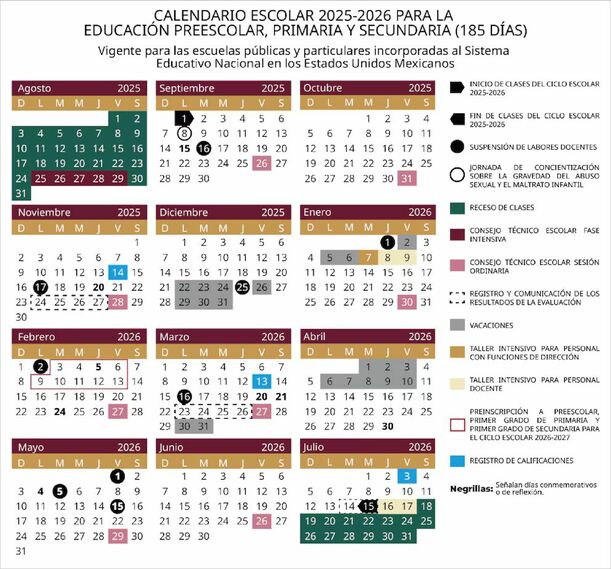 Este es el calendario escolar de 185 oficializado por la SEP. FOTO: @SEP_mx