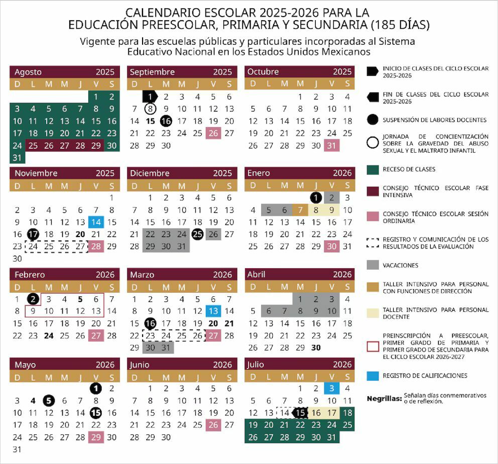 Este es el calendario escolar de 185 oficializado por la SEP. FOTO: @SEP_mx