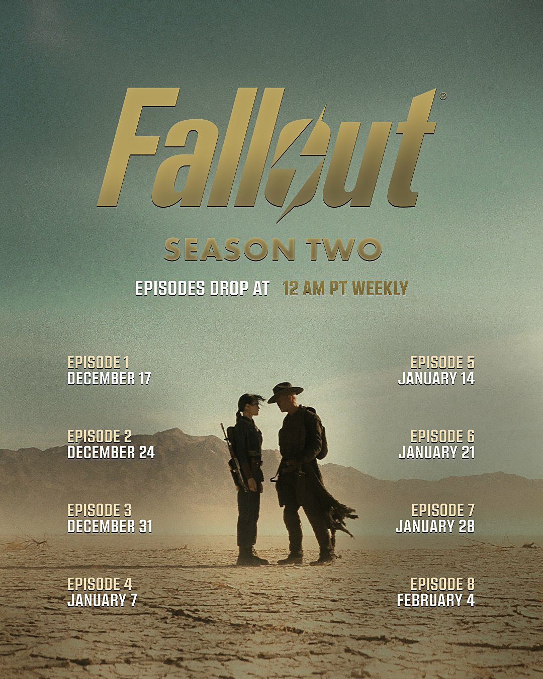 Este es el calendario de los 8 episodios de la segunda temporada de 'Fallout'. Foto: @falloutonprime