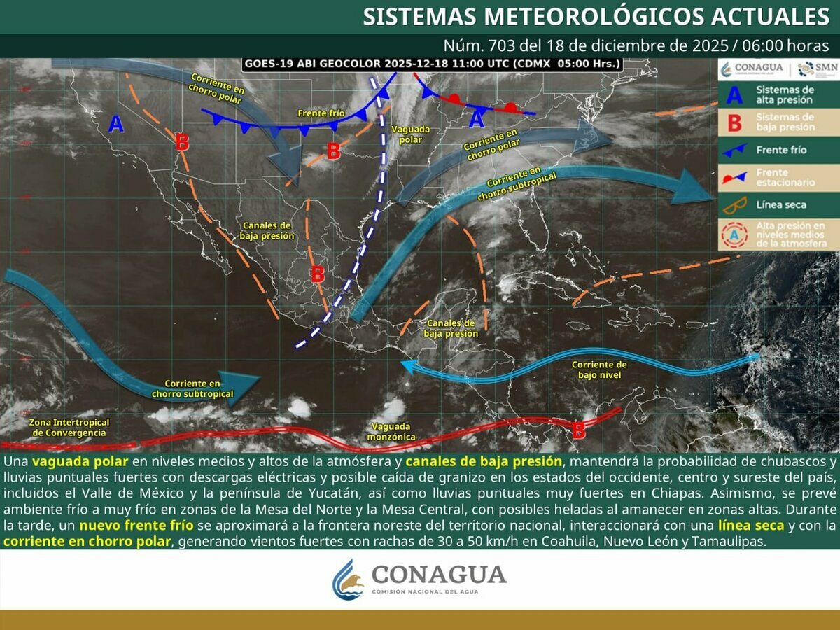 El SMN pronostica que el Frente Frío 22 entre a México a partir del viernes 19 de diciembre. Foto: CONAGUA Clima/X