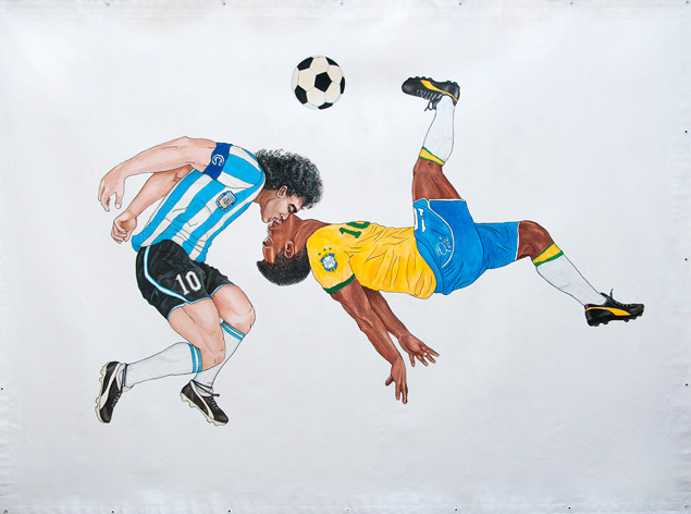 'Argentina vs. Brazil' (Diego Maradona y Pelé) es la tercera pieza de la colección '¡GOL!' de Alex Donis. Foto: Alex Donis