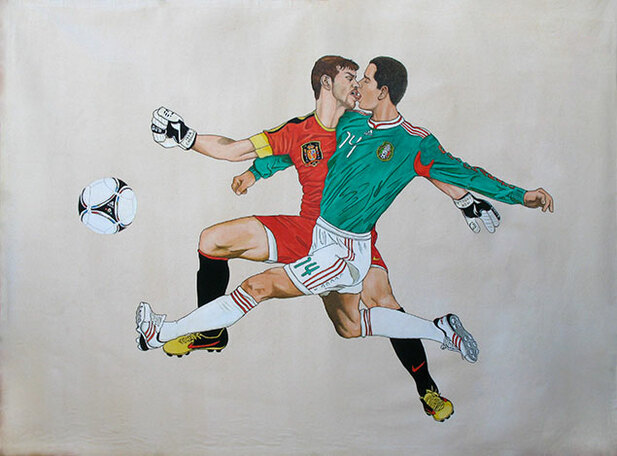 'España vs. México' es una pintura de Alex Donis que pertenece a la colección '¡GOL!'. Foto: Alex Donis