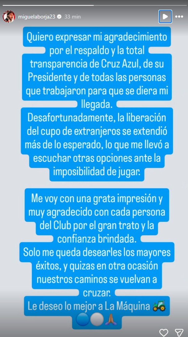 Miguel Borja agradeció la confianza del Cruz Azul. (Captura)