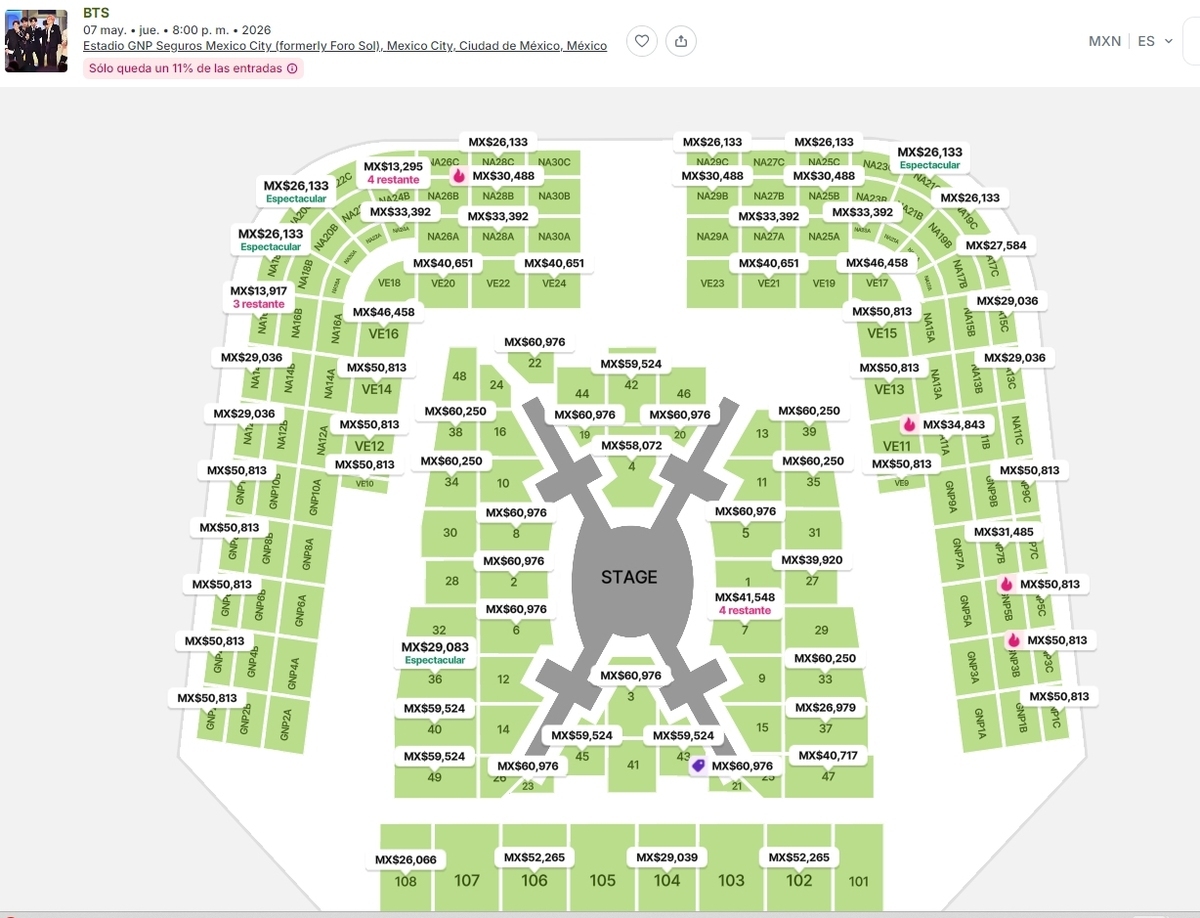 Los precios de reventa de BTS en ViaGogo van desde los $13 mil hasta los $60 mil pesos. Foto: Captura de pantalla