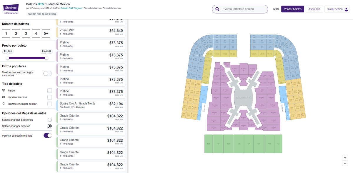 Los precios de reventa en StubHub van desde los $11 mil hasta los $104 mil pesos. Foto: Captura de pantalla
