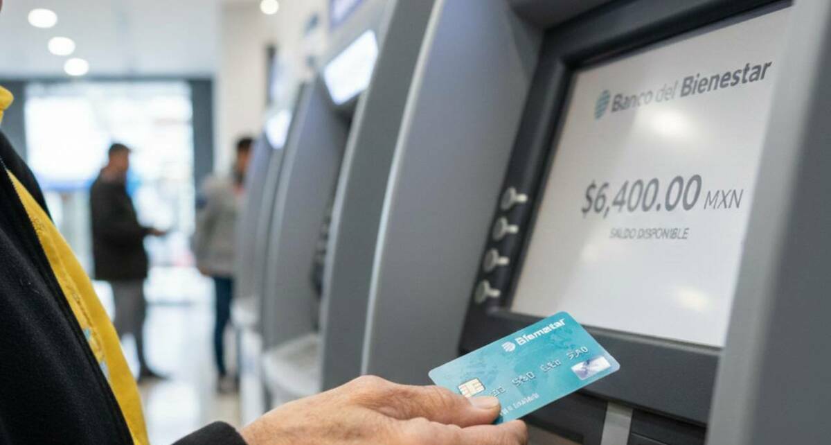 Persona utilizando la tarjeta del Banco del Bienestar en un cajero automático para cobrar el apoyo (mediotiempo IA)