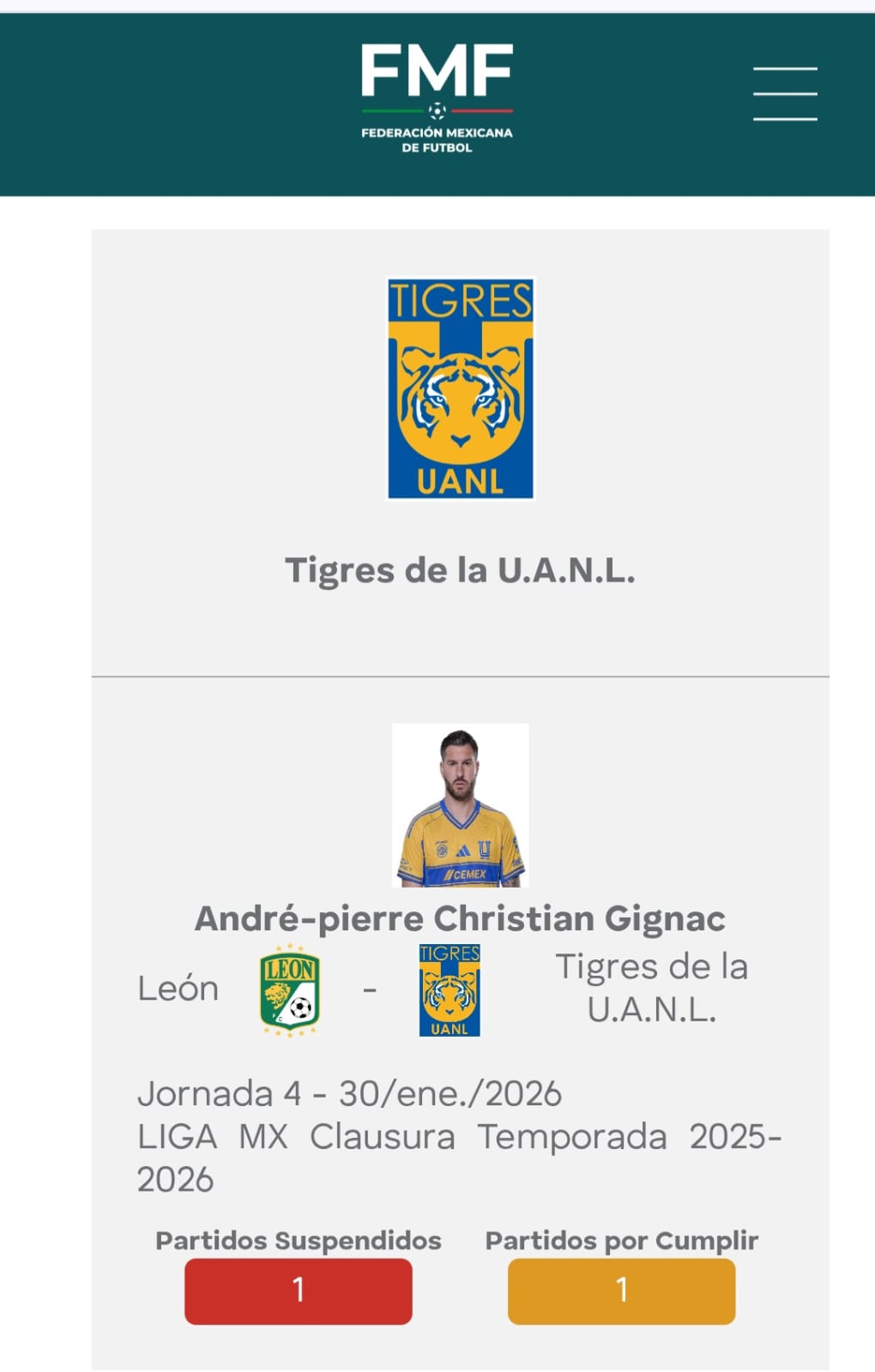 Gignac fue suspendido 1 partido.