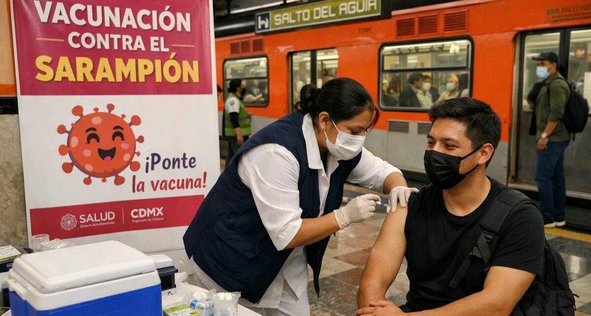 Todos los horarios y estaciones donde podrás vacunarte contra el sarampión en el Metro CDMX. (Sora IA).