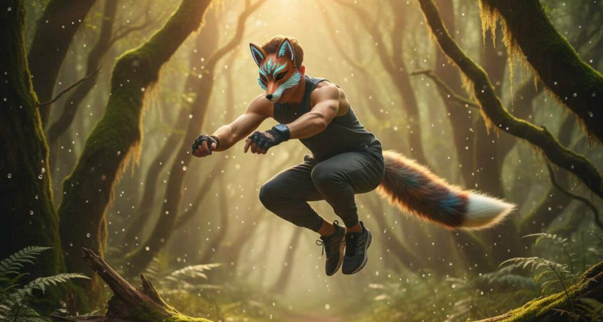 Un joven practica quadrobics en un entorno natural, luciendo una máscara artesanal que representa su identidad animal (mediotiempo IA)