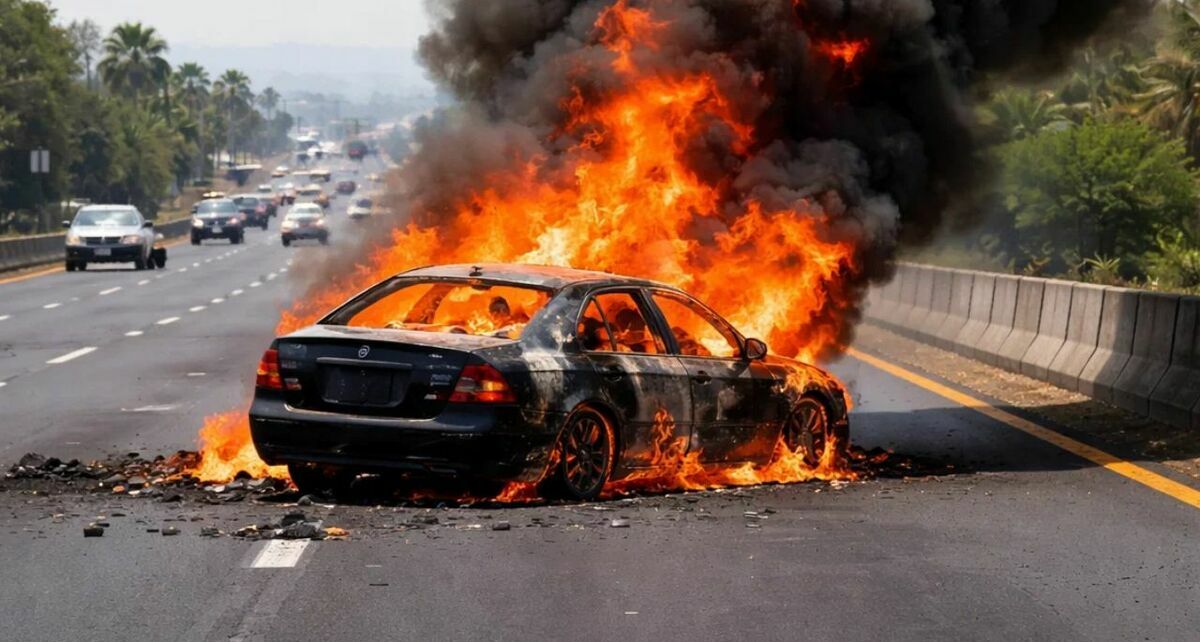 Así puedes cobrar el seguro de tu auto si fue incendiado o dañado por narcobloqueos en México. (Sora IA).