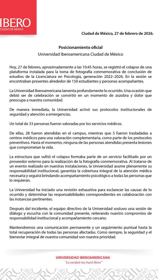 IBERO informó sobre el accidente en sus instalaciones