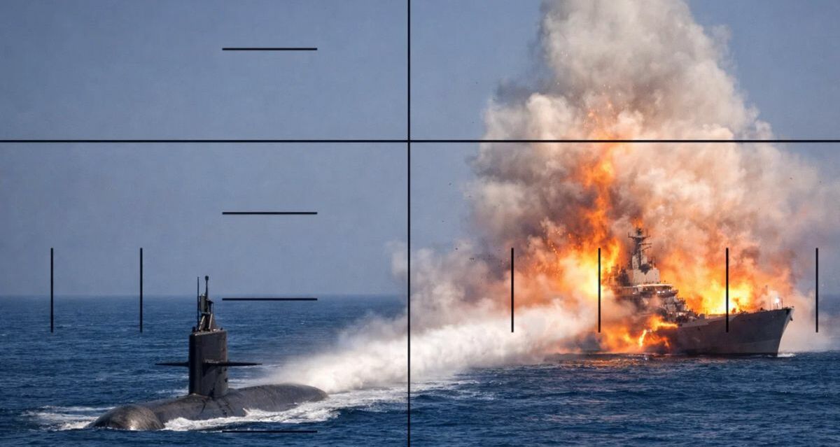 Submarino de Estados Unidos ataca buque de guerra iraní| Foto: Inteligencia Artificial
