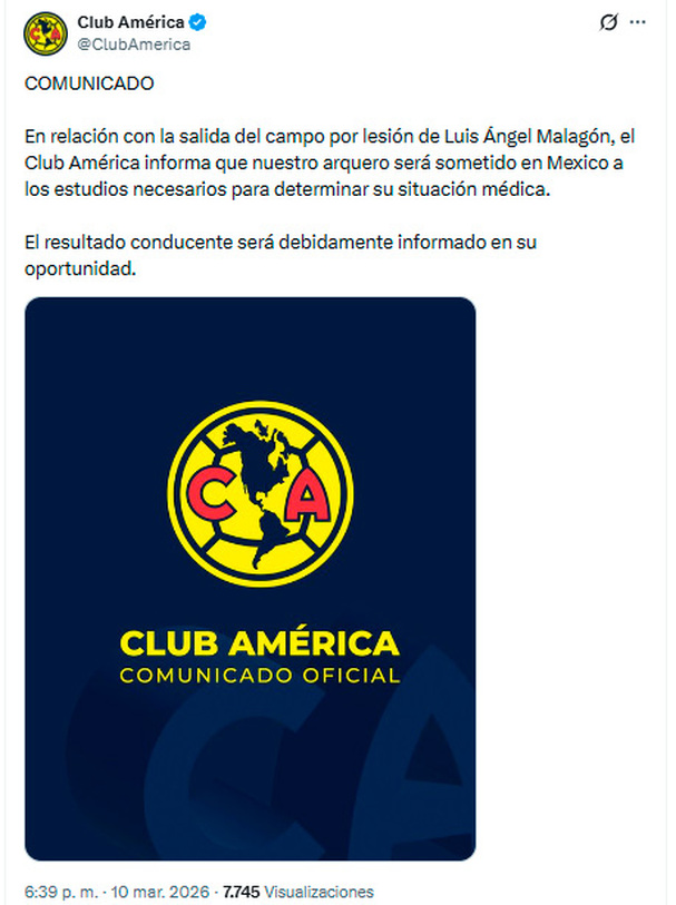 El Club América realizará exámenes a Malagón.