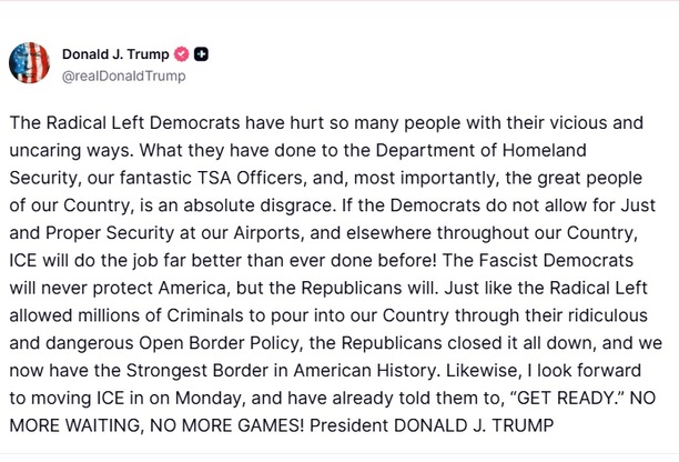 Donald Trump anuncia que ICE operará en los aeropuertos de Estados Unidos | Foto: truth