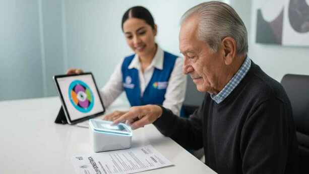 Adulto mayor realizando el registro de huellas y escaneo de iris para la nueva CURP biométrica 2026 en un módulo oficial (mediotiempo IA)