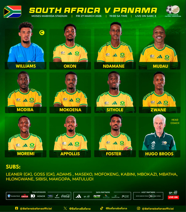 La alineación que utilizó Sudáfrica ante Panamá.