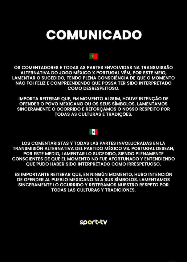 El comunicado de Sport TV para lamentar burlas al Himno de México.