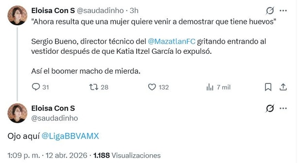 Frase que había lanzado Sergio Bueno a Katia Itzel (X @saudadinho)