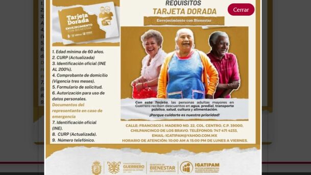 Requisitos de la Tarjeta Dorada 2026 | Foto: Gobierno de Guerrero