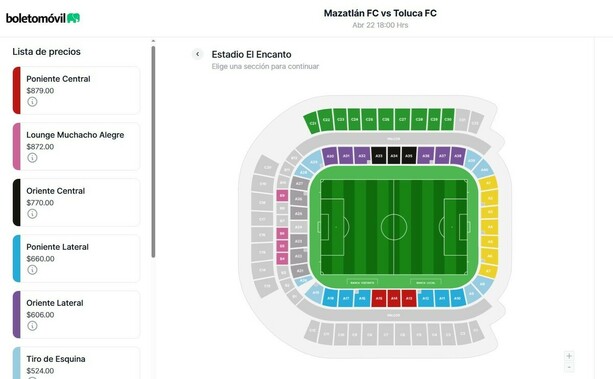 Precio de boletos para el Mazatlán vs Toluca (boletomovil.com)