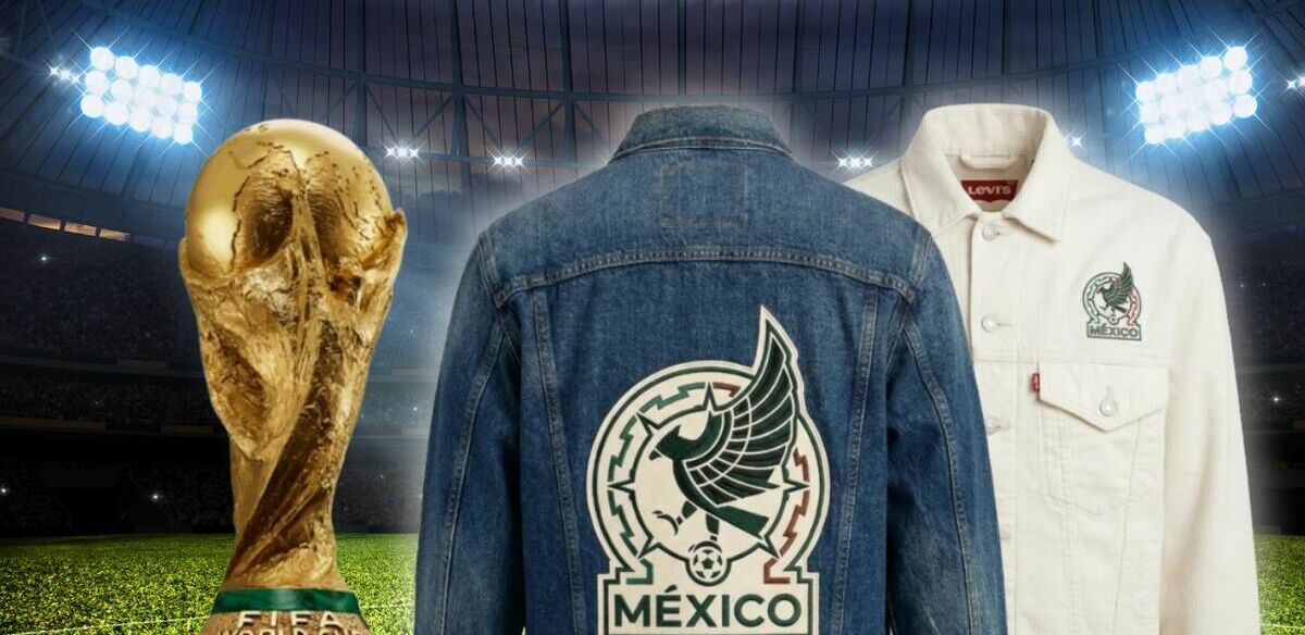 Levis presenta una colección con la Selección Mexicana rumbo al Mundial 2026 | Foto: Captura de Pantalla Levi's México, Fondo Canva, Trofeo: FIFA
