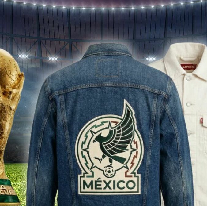 Levis presenta una colección con la Selección Mexicana rumbo al Mundial 2026 | Foto: Captura de Pantalla Levi's México, Fondo Canva, Trofeo: FIFA