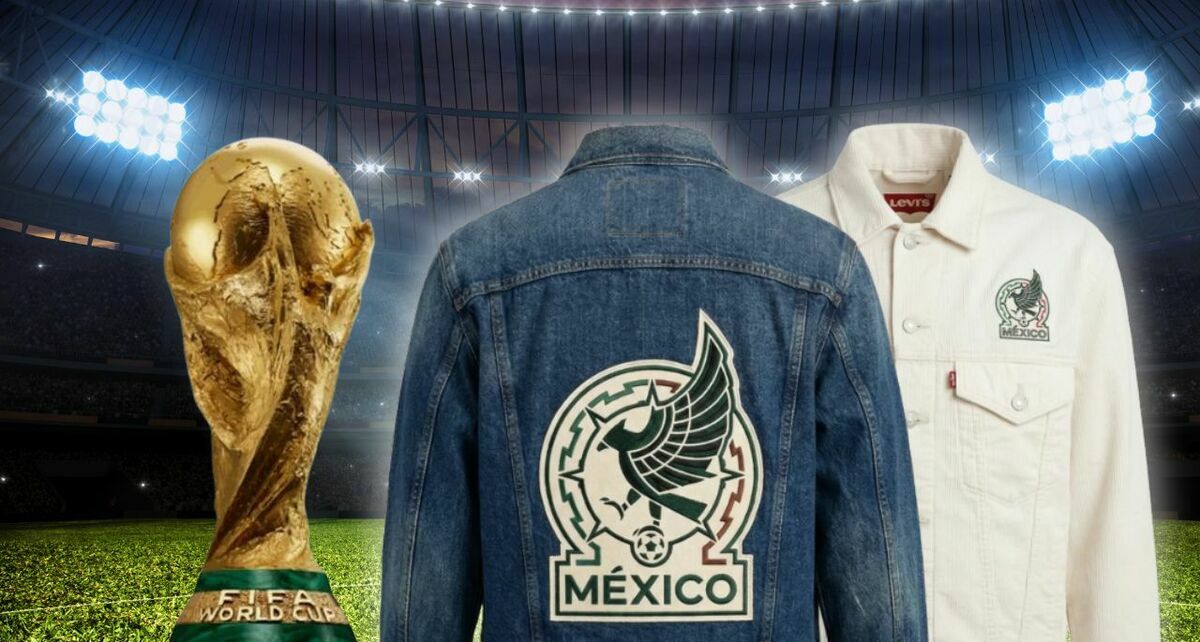 Levis presenta una colección con la Selección Mexicana rumbo al Mundial 2026 | Foto: Captura de Pantalla Levi's México, Fondo Canva, Trofeo: FIFA