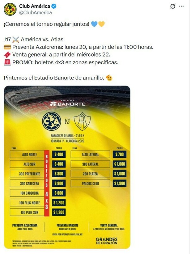 Precio de boletos para el América vs Atlas (X @ClubAmerica)