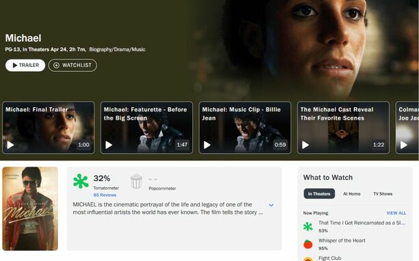 Calificación de Rotten Tomatoes de 'Michael'  | Foto: Captura de Pantalla Rotten Tomatoes