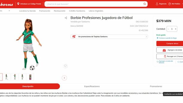 Barbie futbolista Selección Mexicana | Foto: Captura de pantalla Sanborns