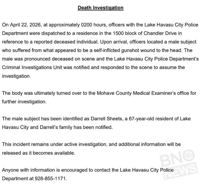 El reporte de la oficina forense de Lake Havasu City confirma que Darrell Sheets cometió suicidió. Foto: BNO News
