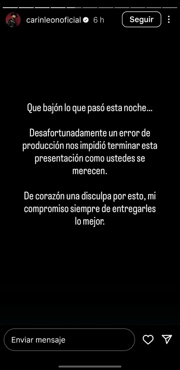 Carín León responde en Instagram por errores técnicos en Supernova | Foto: Captura de pantalla Instagram Carín leon