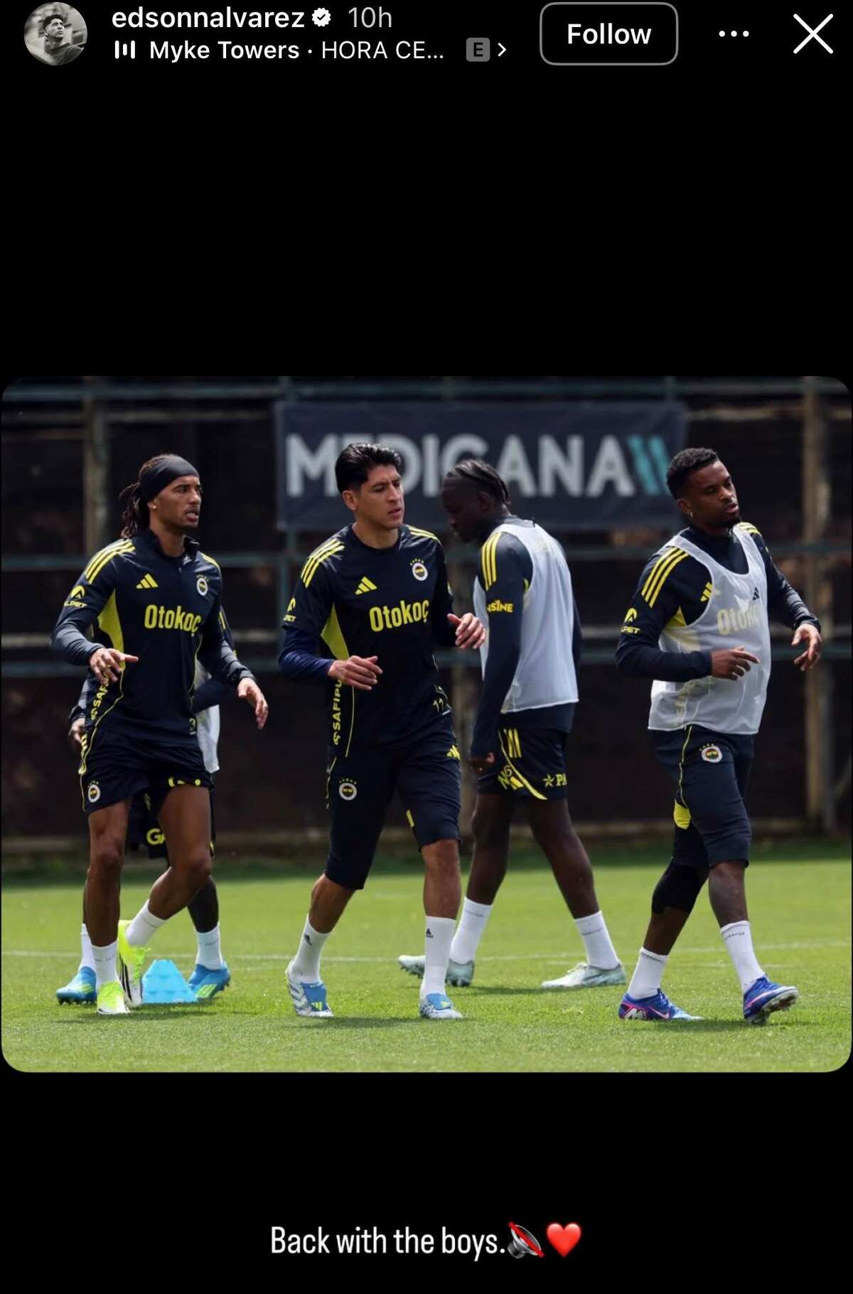 Edson Álvarez volvió a los entrenamientos con el Fenerbahce (Fotografía: Captura de pantalla Instagram Edson Álvarez)
