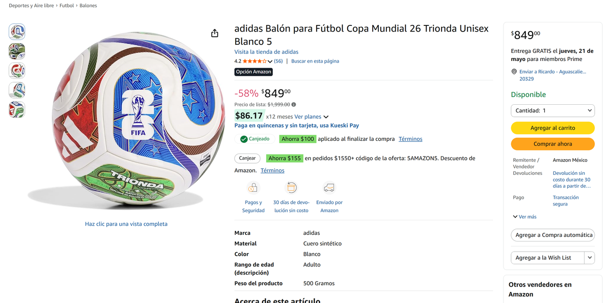 El valor original del balón Trionda de adidas es de $2 mil pesos MXN. Foto: Captura de pantalla