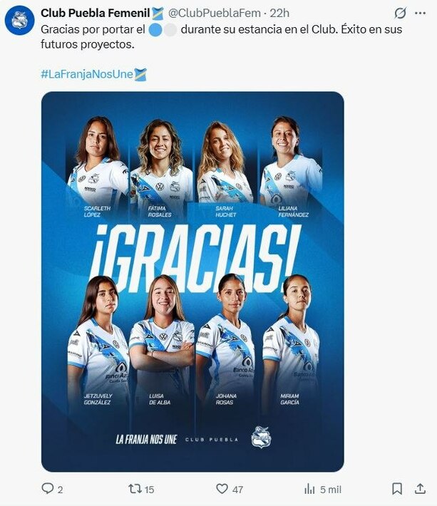 Publicación de Puebla Femenil (X @ClubPueblaFem)