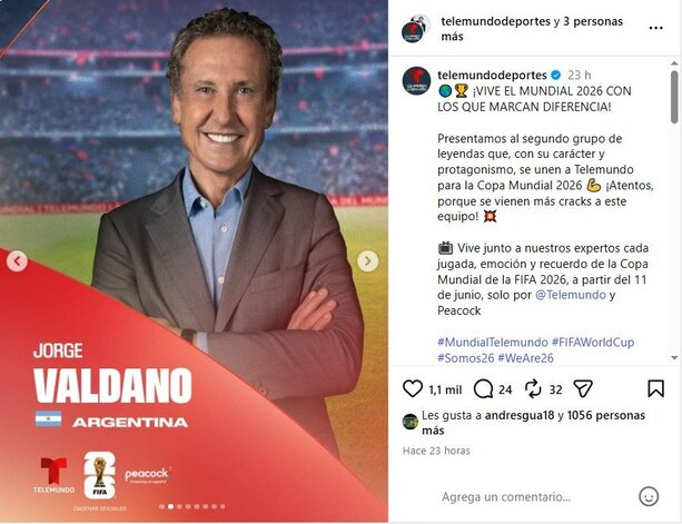 Telemundo anunció a Jorge Valdano para el Mundial 2026 (Instagram @telemundodeportes)