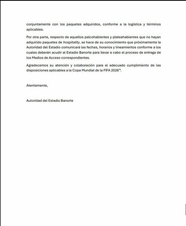 Mensaje compartido por autoridades del Estadio Banorte (Captura)
