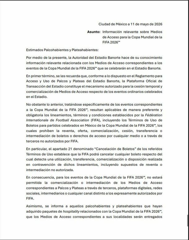 Mensaje compartido por autoridades del Estadio Banorte (Captura)