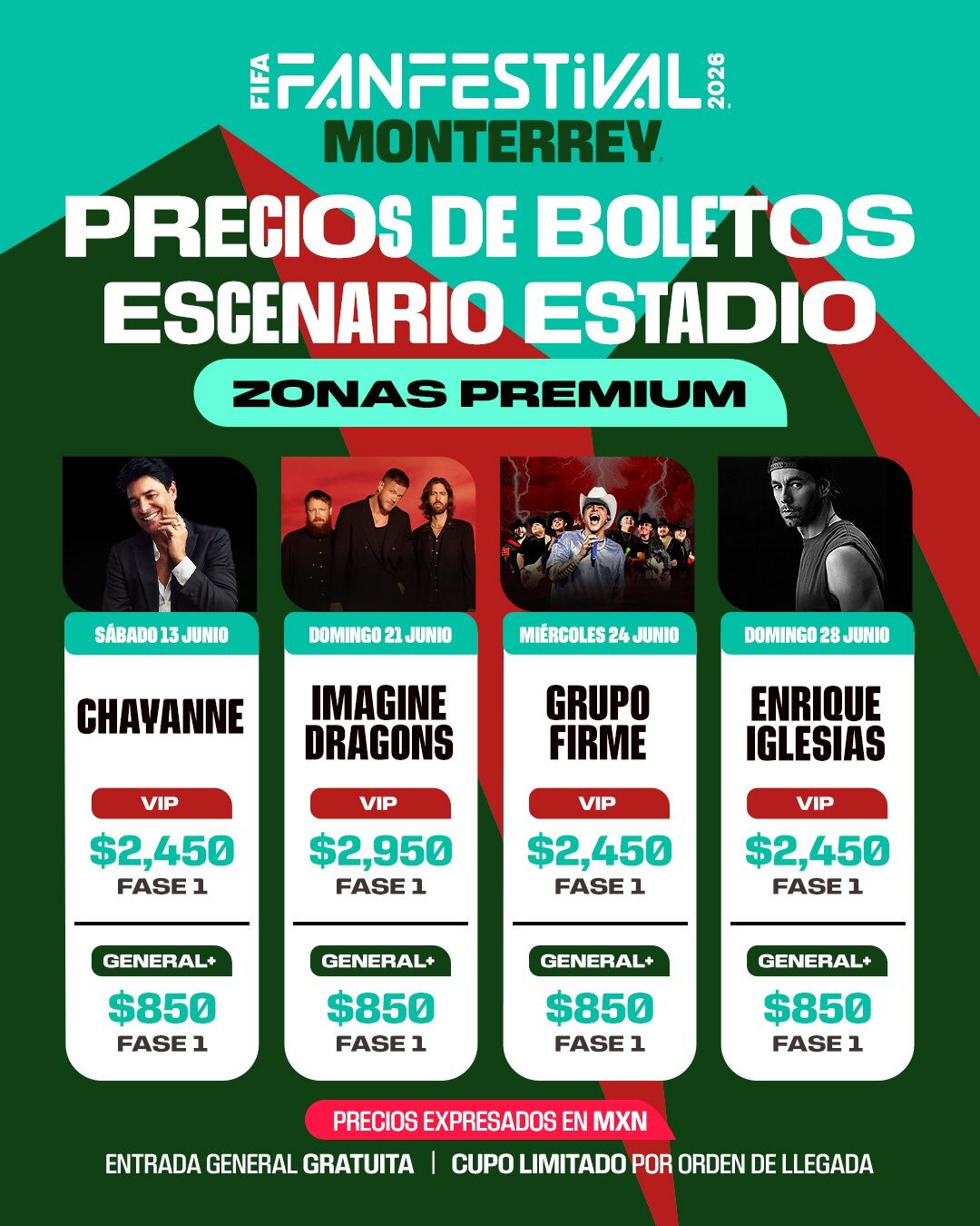 Chayanne, Imagine Dragons, Grupo Firme y Enrique Iglesias encabezan el Fan Fest de Monterrey. Foto: @MonterreyFWC26/X